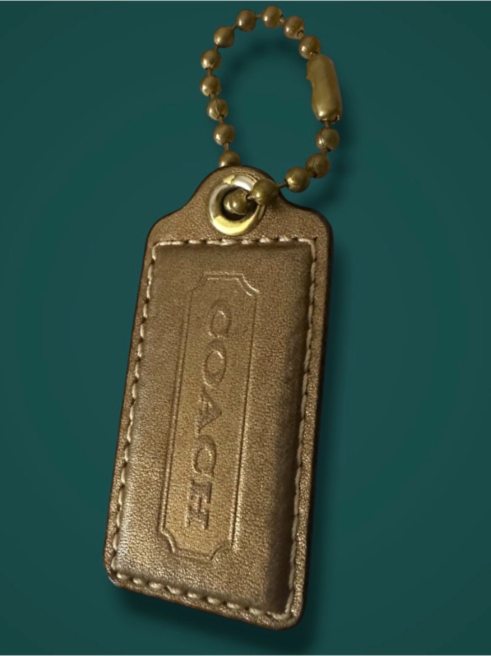 COACH Brown Leather Logo Key & Card Holder with Gold-Tone Chain
